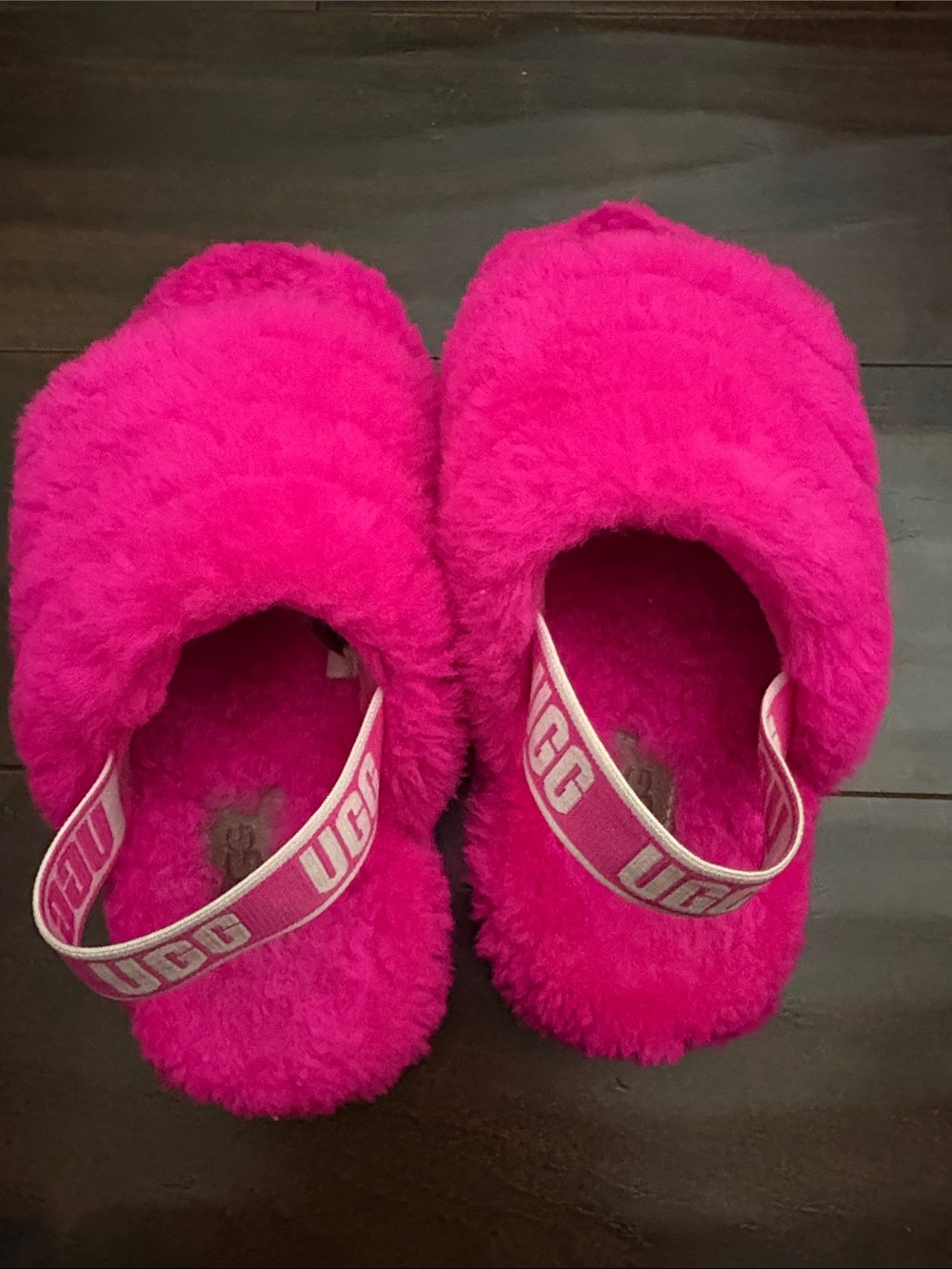 UGG Kids Hot Pink Plush One-Piece Footie Slippers with Branded Back Strap